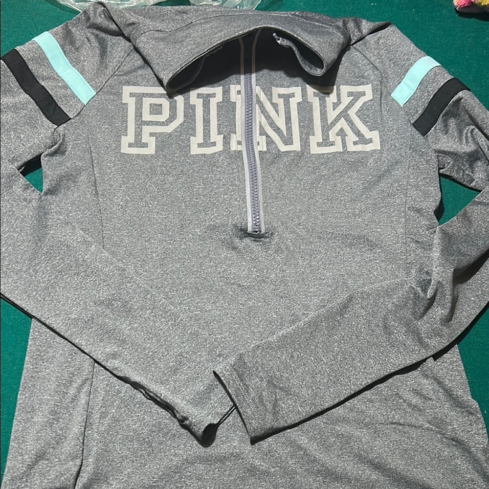 Gray Quarter-Zip Pullover with Black and Blue Stripes